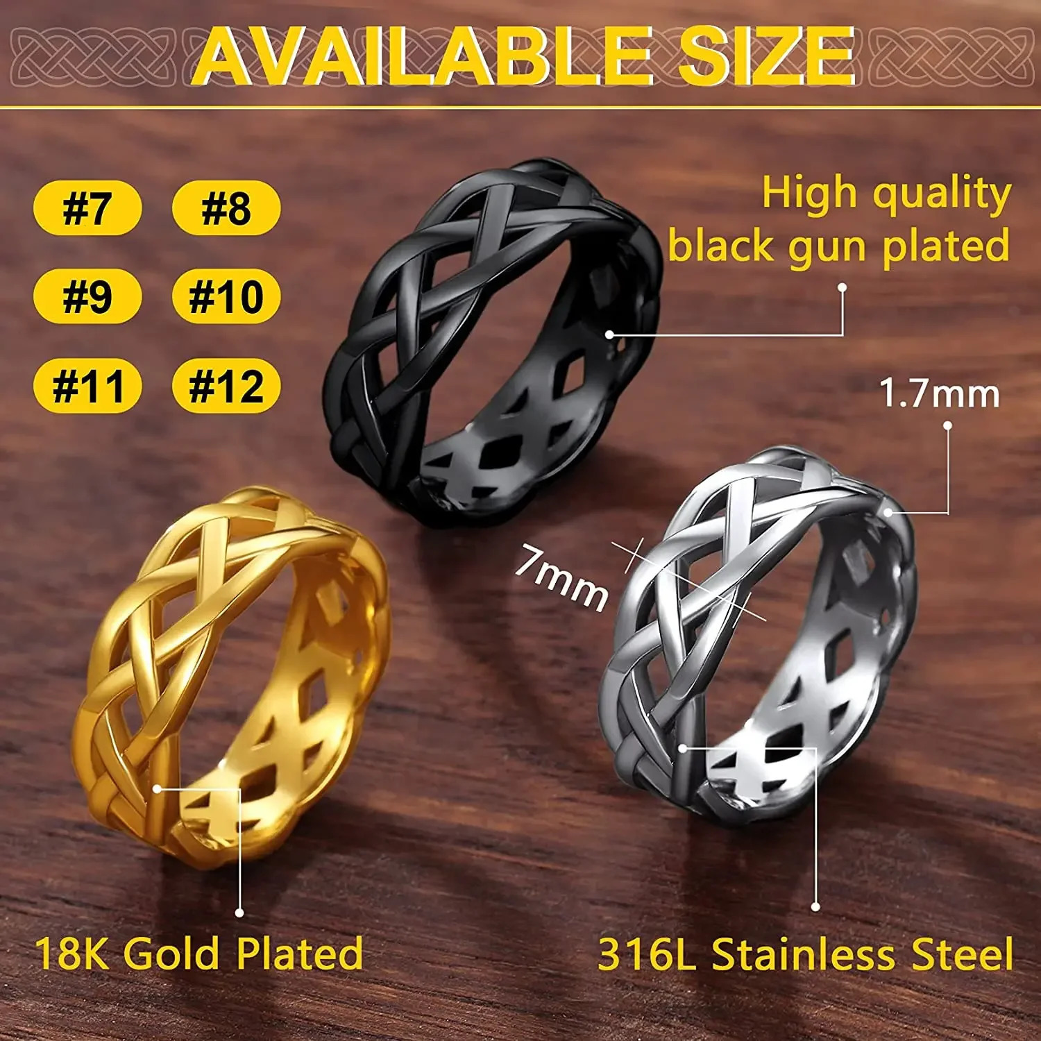 ChainsPro Vintage Celtic Knot Ring for Men and Women 7mm Irish Ring Stainless Steel/Gold Plated/Black Color Size 7-14 CP719 250213