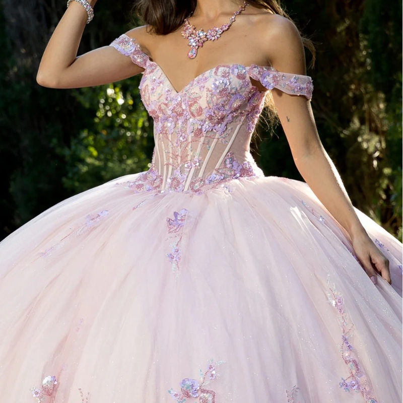 Pink Shiny Quinceanera Dresses Ball Gown Off Shoulder Sequin Appliques Lace Beads Tull Corset Sweet 16 Dress Vestidos 15 de anos