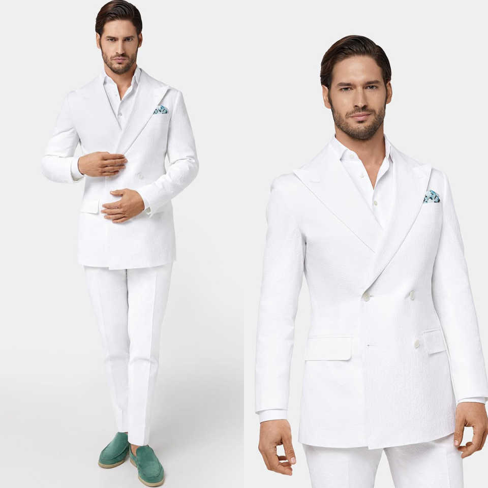 White Men Wedding Tuxedos Customized Double Breasted Peaked Lapel Business Groom Pants Suits Fashion Show Wear 2 Pieces