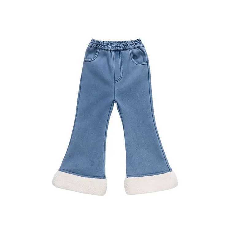 Autumn Winter 1-8Y Girls Flare Jeans Thicken Velvet Heart Pocket Spliced Kid Girls Trousers Korean Sle Warm Toddler Girl Pants Z250220