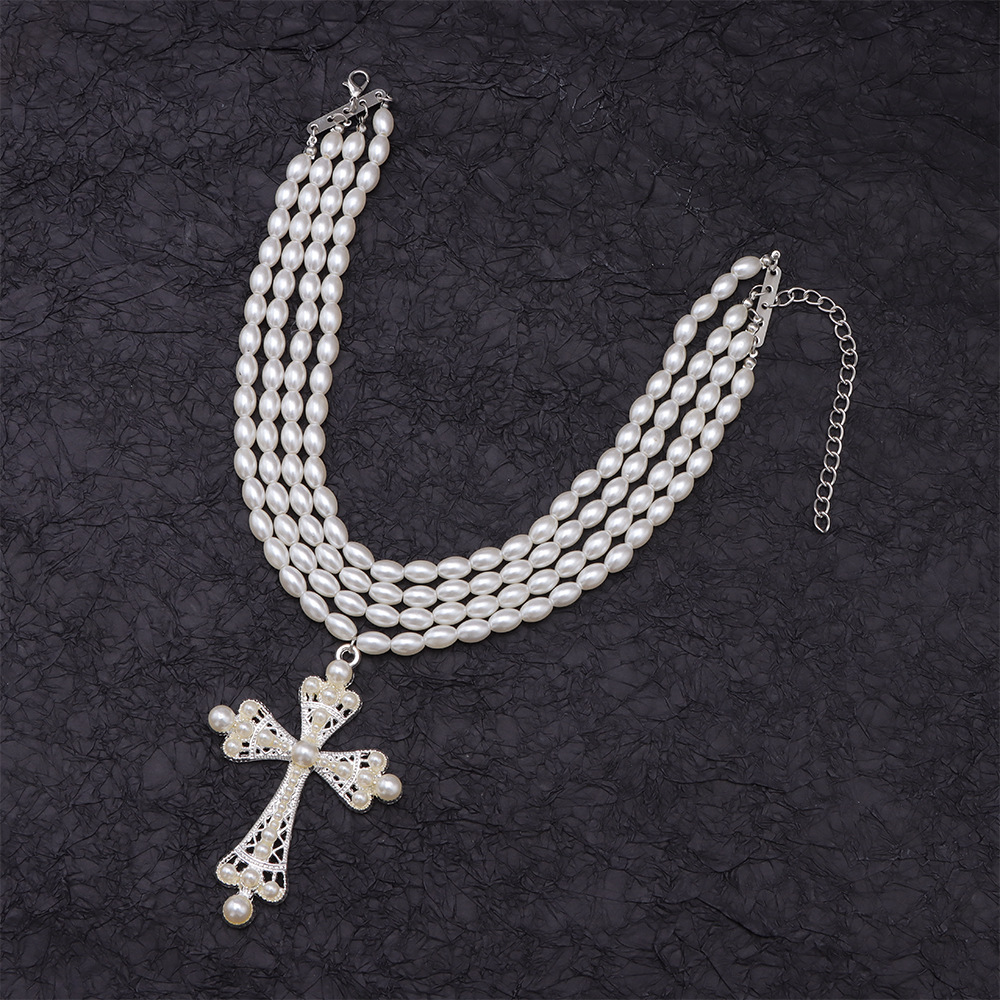 Cyberpunk style cross necklace fashion exaggerated micro-set imitation pearl layered necklace jewelry