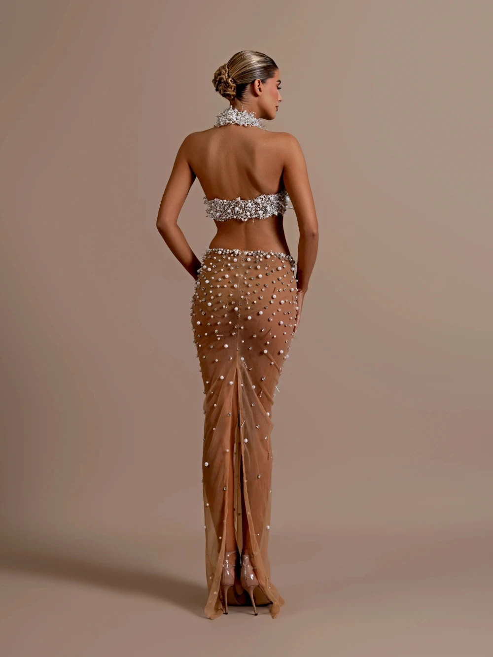 Sexy Evening Two Pieces Dresses For Women Halter Sleeveless Gown Sequins Crystal Pearls See Through Customized Dress