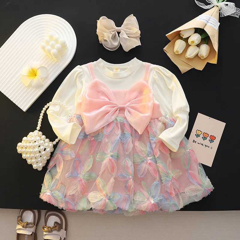 Baby Girl Dress Spring And Autumn Mesh Flower Bow Girl Princess Dress Girl Clothing X250220