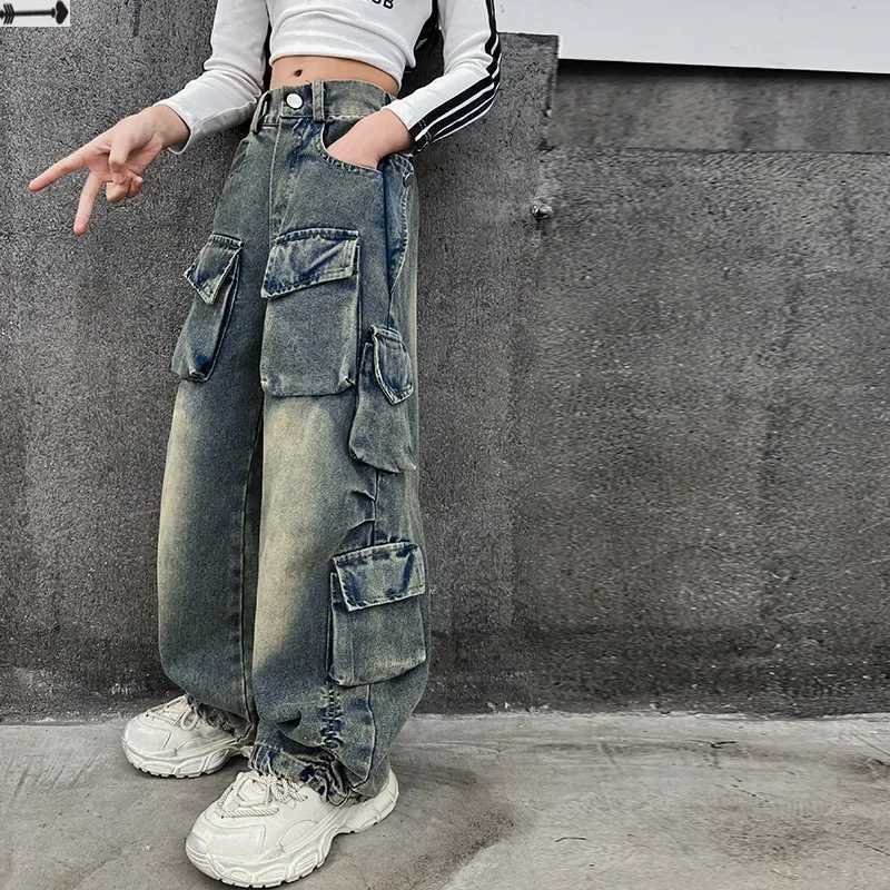 Girls Cargo Pants Autumn New Fashion Loose Teens Kids Wide Leg Jeans Casual All-match Big Pockets Design 10 12 14 Years Tousers Z250220