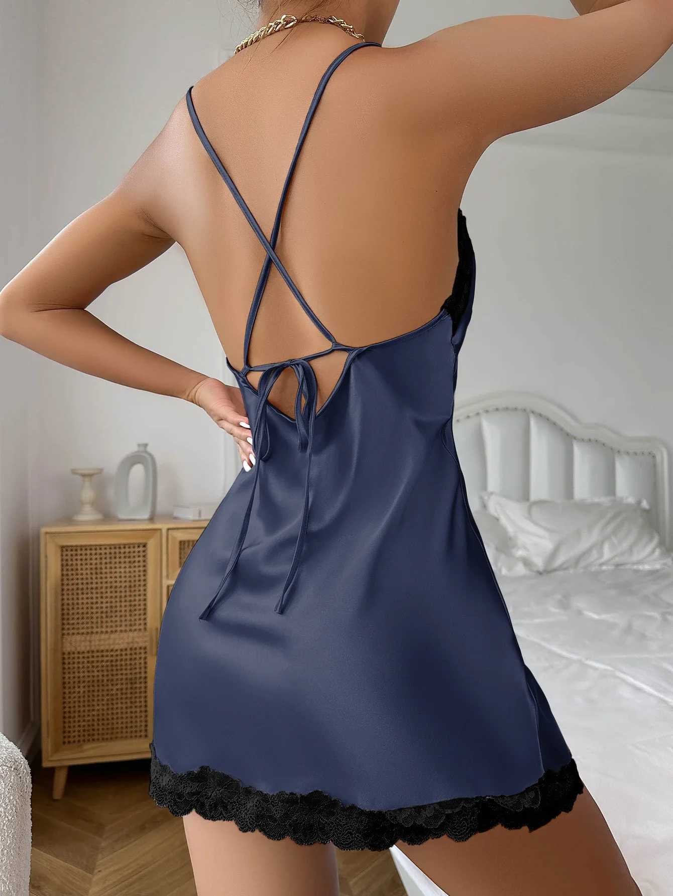 Contrast Lace Satin Nightdress Deep V Backless Lace Up Split Slip Sp Dress Womens SpwearXJ250220