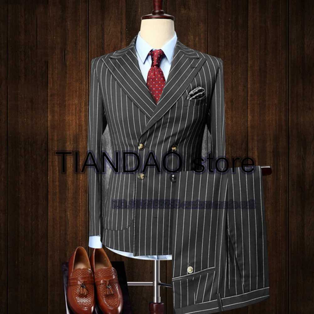 Mens Striped Suit 2 Piece Double Breasted Jacket Set Formal Business Blazer Pants Office Workwear Slim Fit Design X250220