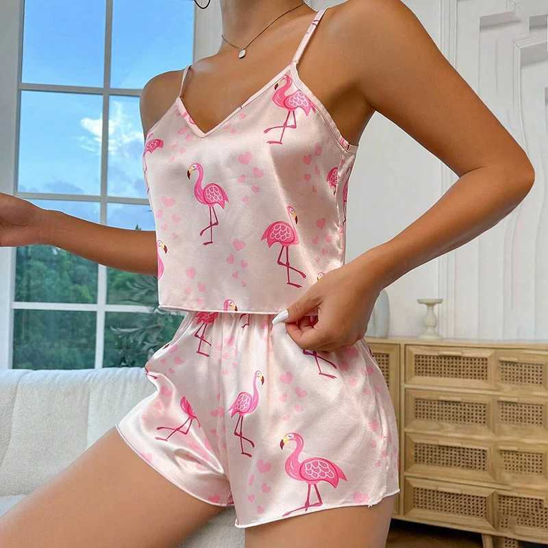 Womens Cute Flamingo Print Satin Pajama Set - V Neck Cami Top and Elastic Shorts for Comfortable Sp and Lounging HomewearXJ250220
