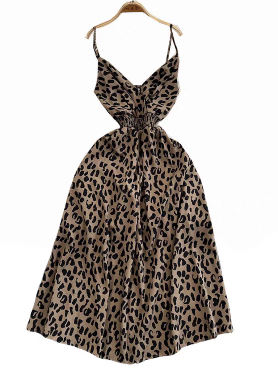 2025 New Print Sexy V Neck Dress Straps Swinging Collar Backless Leopard Elegant Ladies Vacation Beach Party Sundress