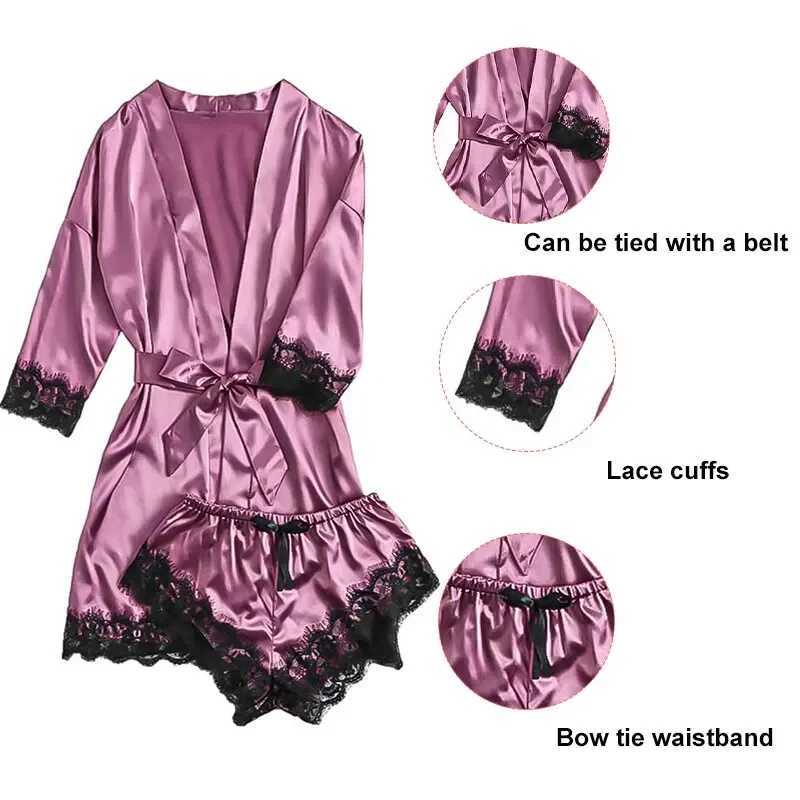 Womens Summer Sexy Pajama Pants Set 4 Pieces Lace Satin With Silk Spwear Robe Fashion And Comfortable NightwearXJ250220