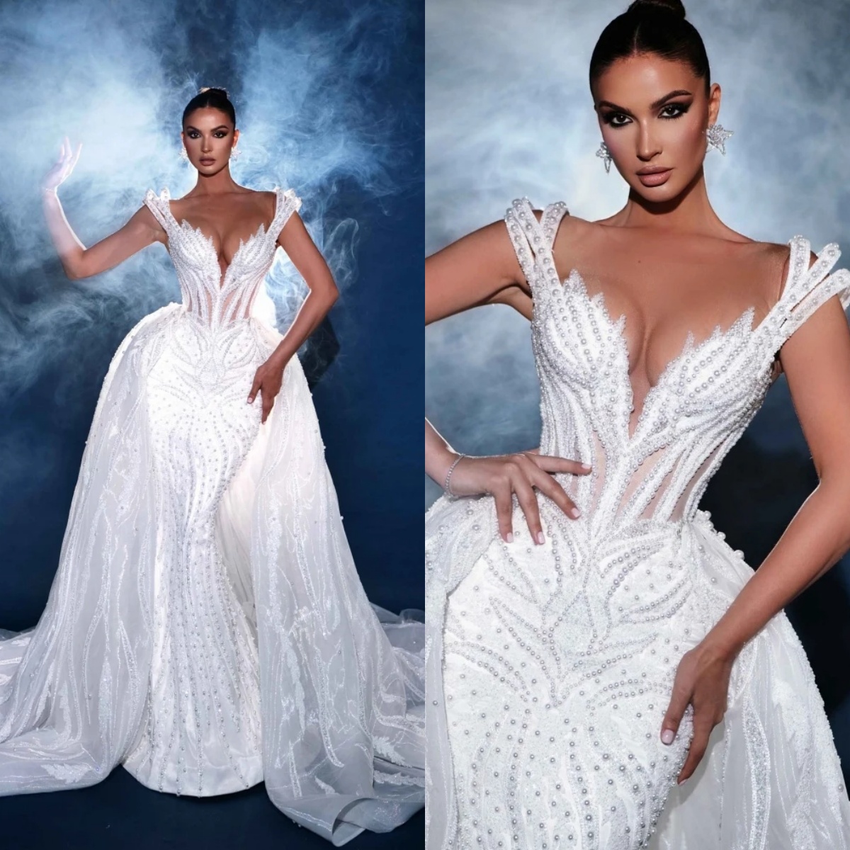 Exquisite Mermaid Wedding Dress Sweetheart Neck Sleeveless Bridal Gowns Sequins Pearls Detachable Train Dresses Custom Made vestidos de novia