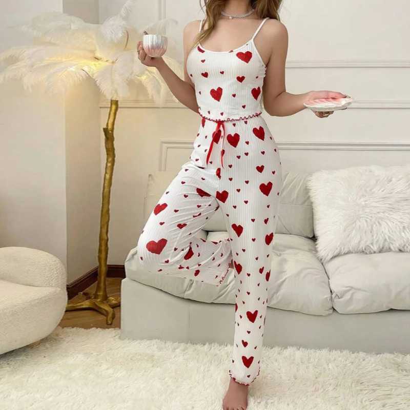 Women Pajamas Plus Size Pajamas Set 2 Piece Short Vest Trouser White Breathable Soft Casual Love Print Body Suit Pijama jerXJ250220