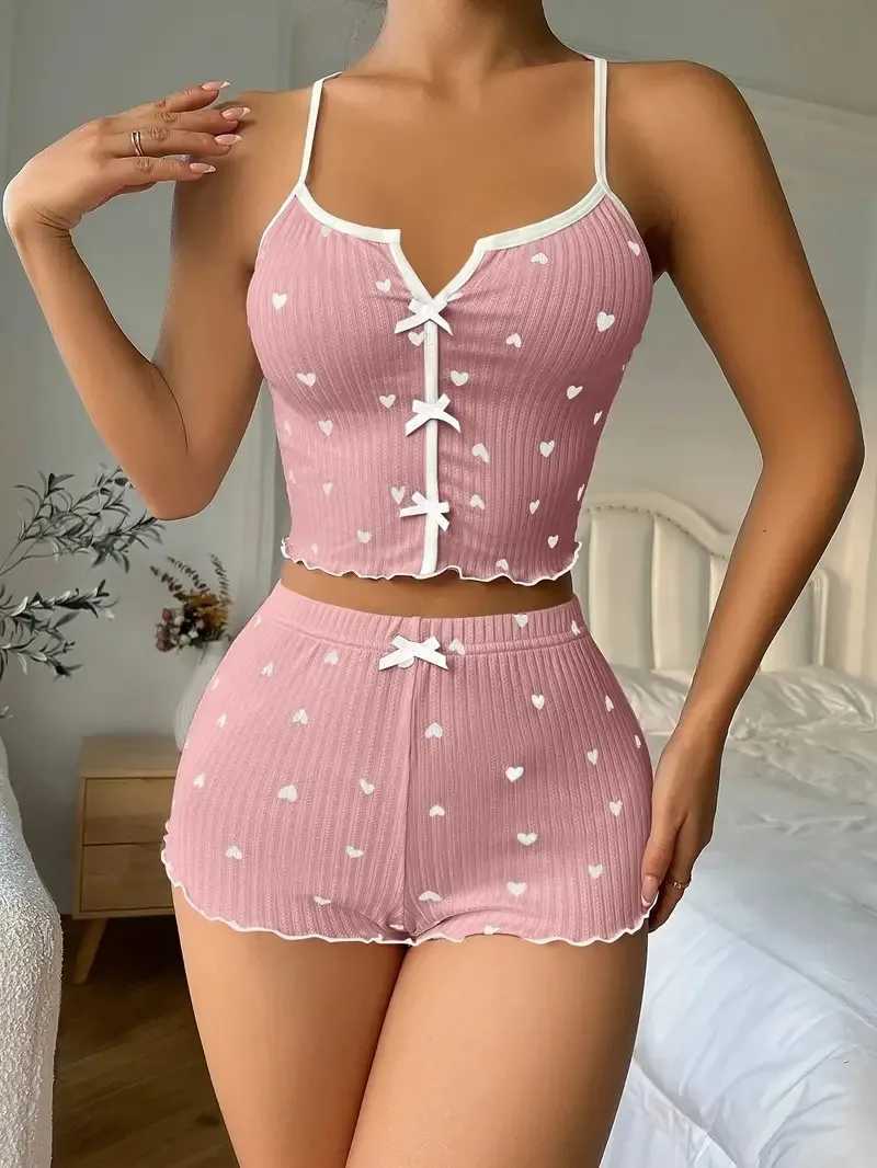 Heart Print Pajama Set for Women Sexy Spwear Silk Stain V-Neck Sveless Casual Cami Top and Shorts Sets LoungewearXJ250220