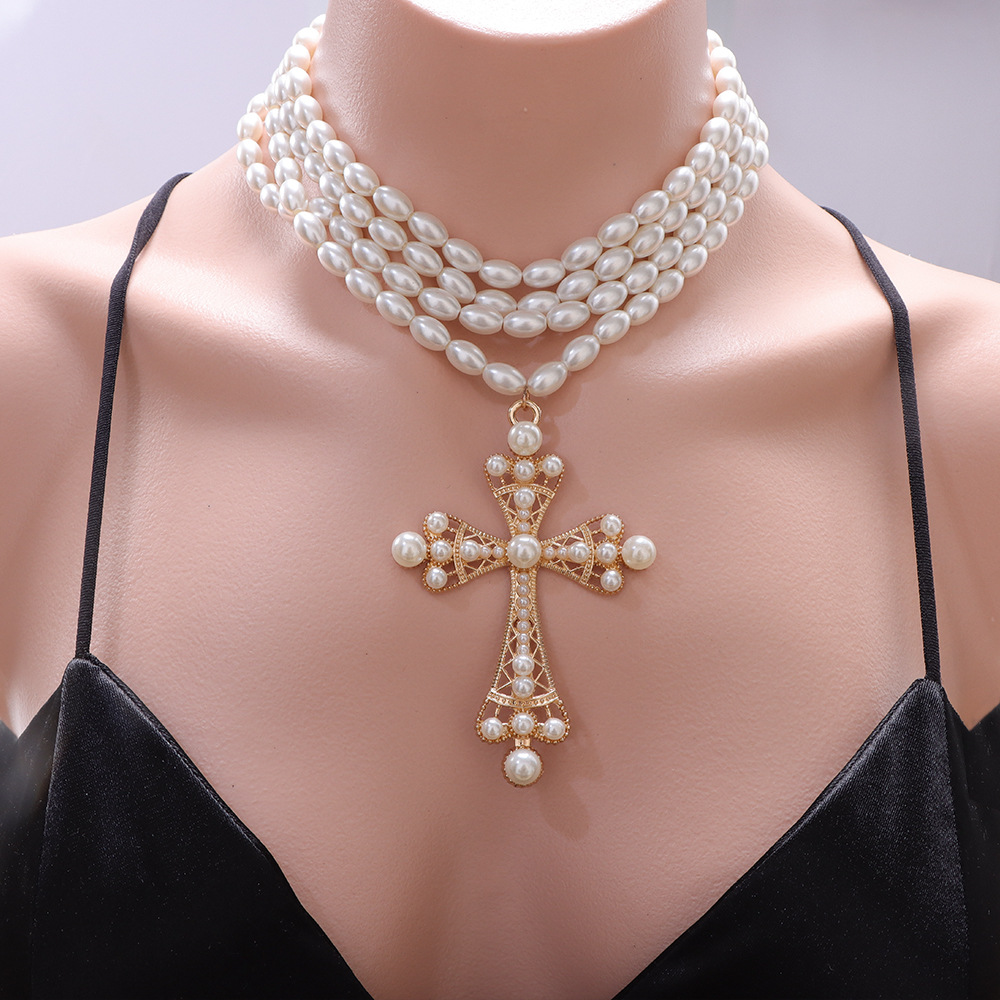 Cyberpunk style cross necklace fashion exaggerated micro-set imitation pearl layered necklace jewelry