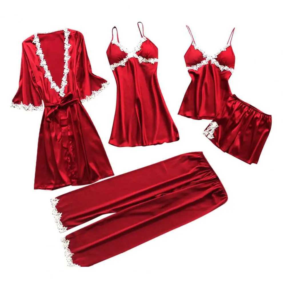 5 Pcs/Set Women Pajamas Suit Silky Satin Nightgown Nightdress Top Shorts Pants Set Lace Patchwork Lace-up Women Spwear SetXJ250220