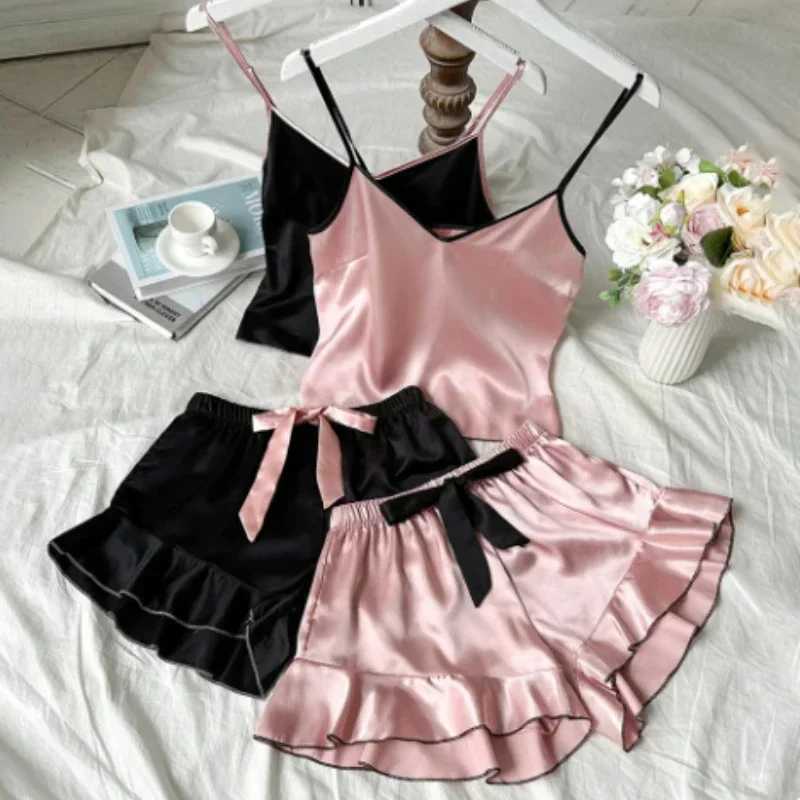 Womens Ele Satin Pajamas Set V-Neck T-Shirt Ruffled Edges Tops Shorts Simple And Breathable Pajama Sets Sling Home ClothingXJ250220