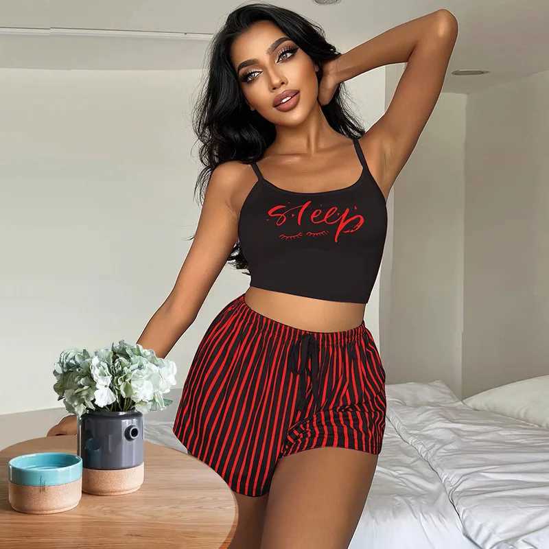 Letter Print Women Pajama Set Sveless Lettuce Trim Crop Top Elastic Waist Stripped Shorts 2 Pcs Fe Spwear NightwearXJ250220