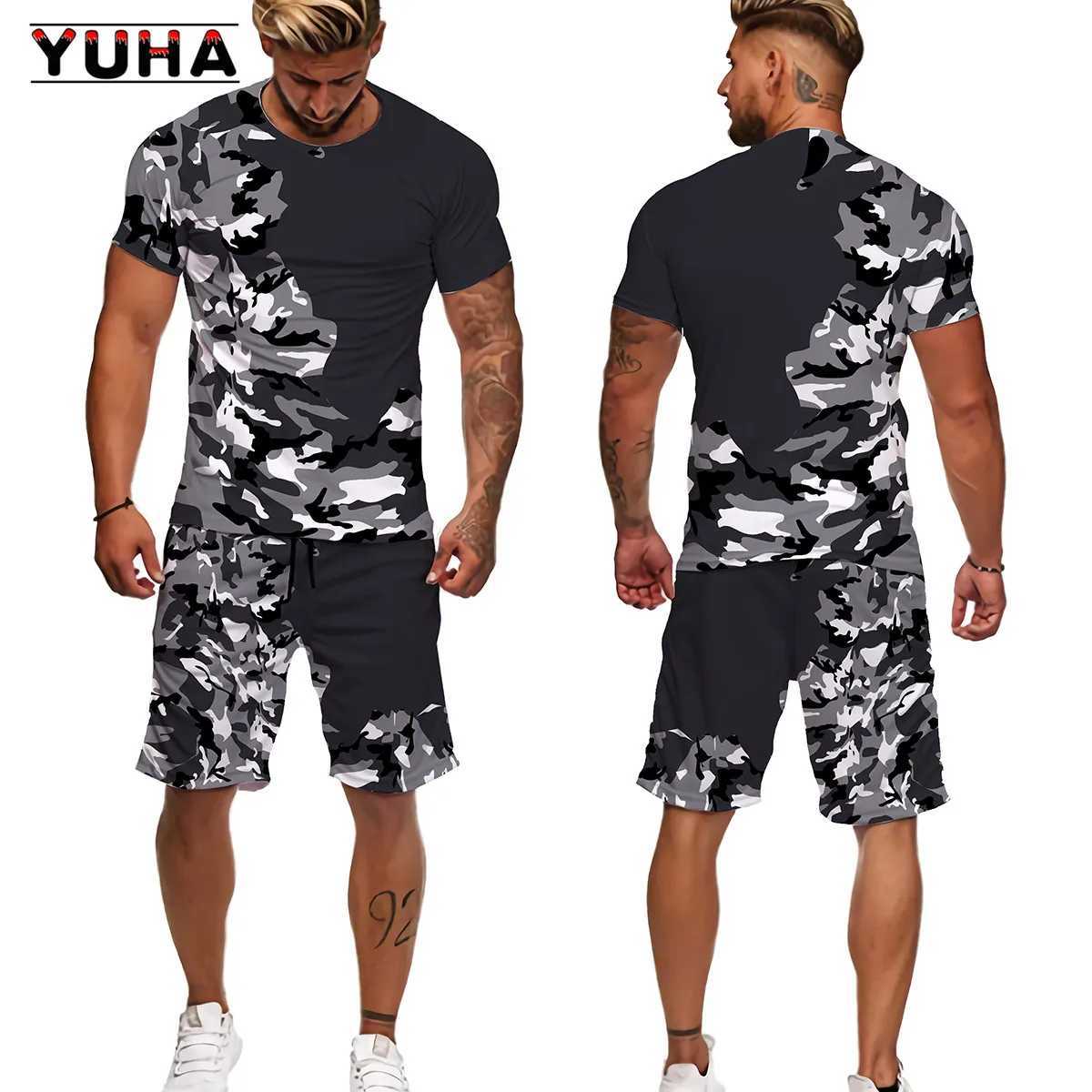 YUHA 2022 Summer Camouflage Tees/Shorts/Suits Mens T Shirt Shorts Tracksuit Sport Style Outdoor Camping Hunting Casual Mens Clo W250221