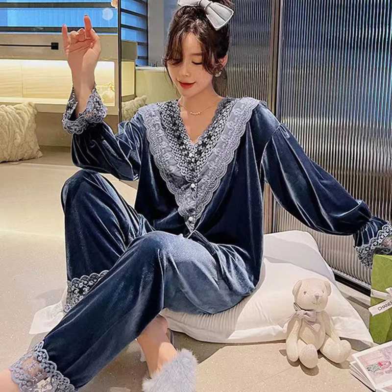 Golden Velvet Pajamas Women Thin Section Long-sved Lace Printed Pajamas For Womens Spring And Autumn Sweet Homewear PajamasXJ250220