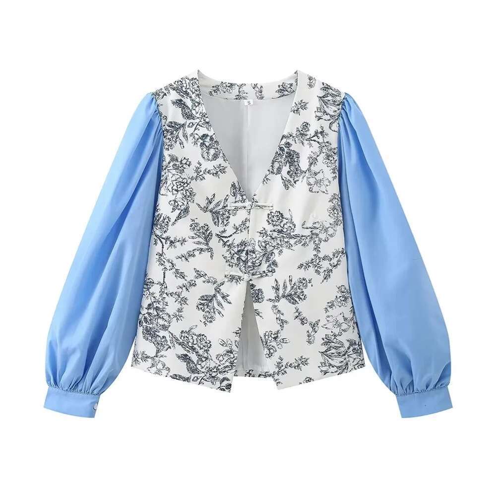 Pb&Za 2024 Spring New Women's Style Casual Loose And Versatile V-Neck Printed Spliced Long Sleeved Shirt Top