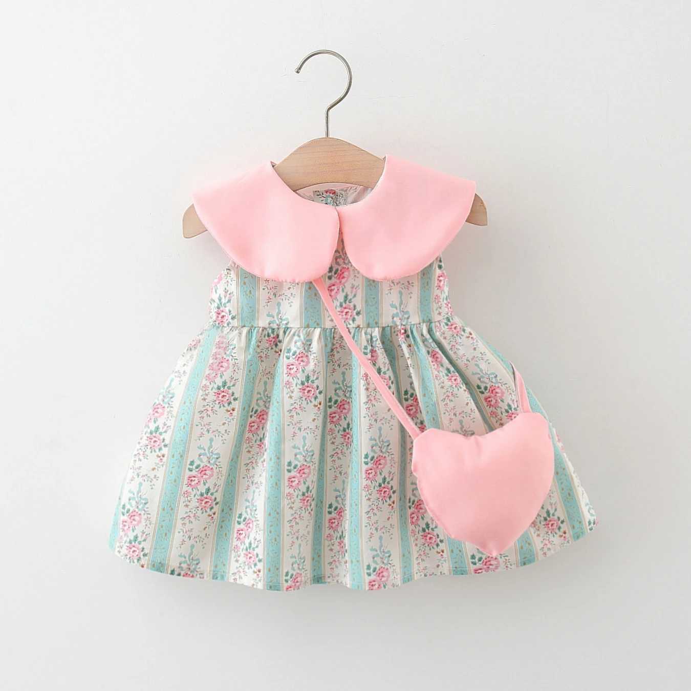 Summer New Girls Dress Lapel Round Neck Flower Hand Painted Style + Cross Love Bag Sleeveless A Line Princess Dress X250220