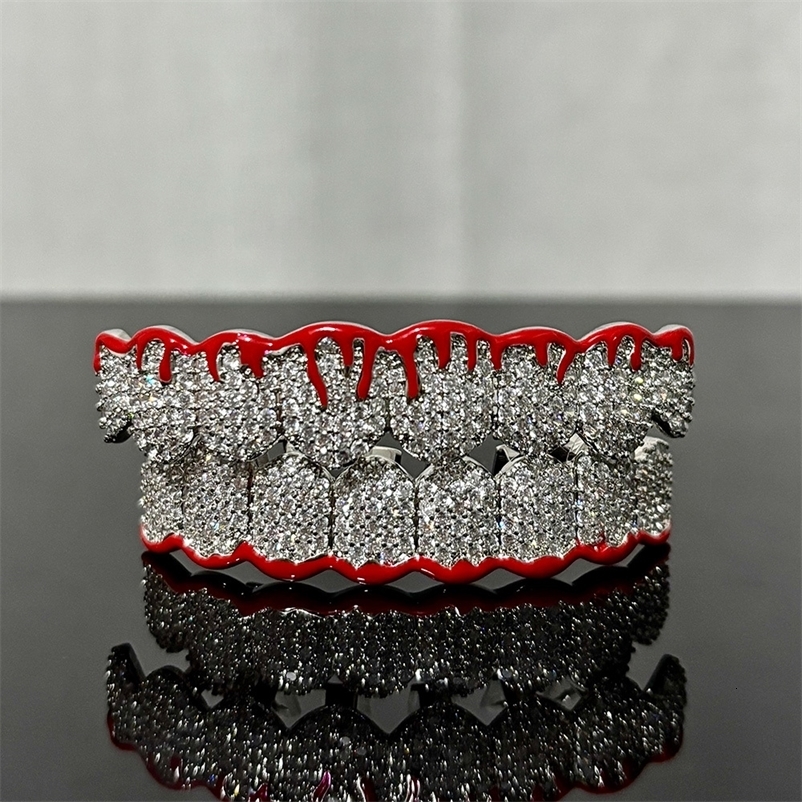 RACHELZ 8/8 Red Flame Iced Out CZ Stone Teeth Braces Hip Hop Cubic Zircon Tooth Caps For Women Men Jewelry Gift 250220
