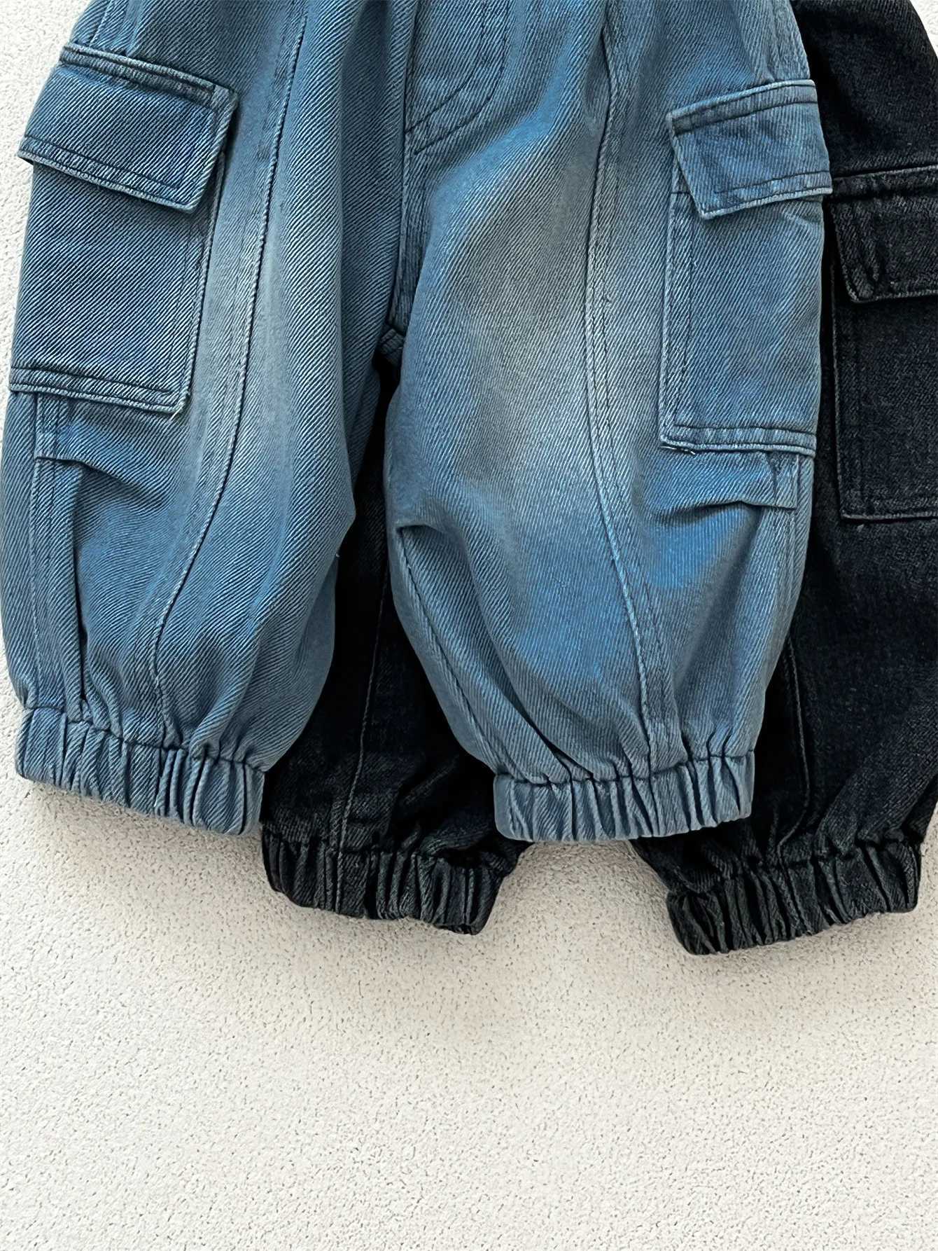 2025 Spring New Children Denim Trousers Boys Loose Cargo Pants Solid Girls Pocket Casual Pants Kids Versatile Jeans Baby Clothes Z250220