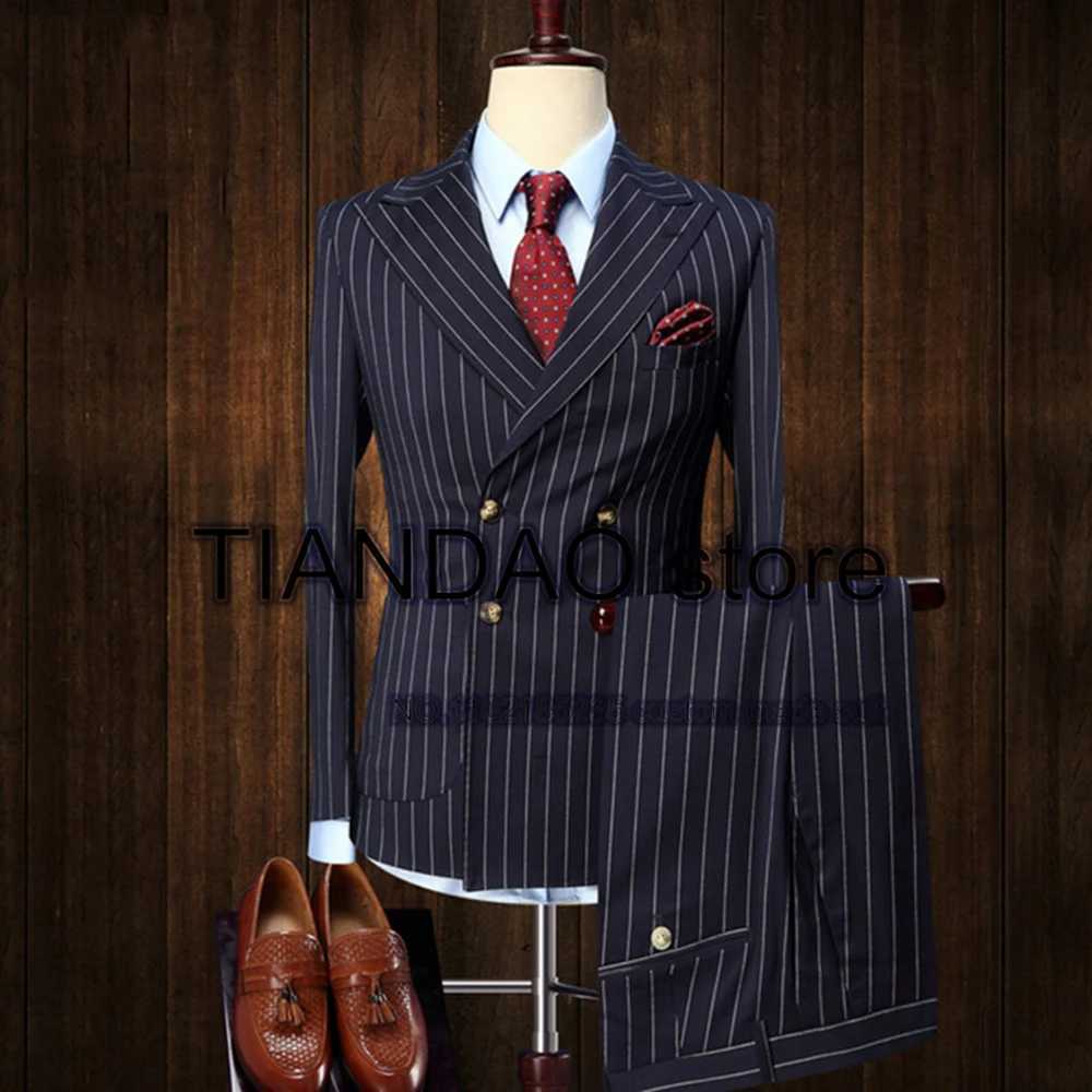 Mens Striped Suit 2 Piece Double Breasted Jacket Set Formal Business Blazer Pants Office Workwear Slim Fit Design X250220