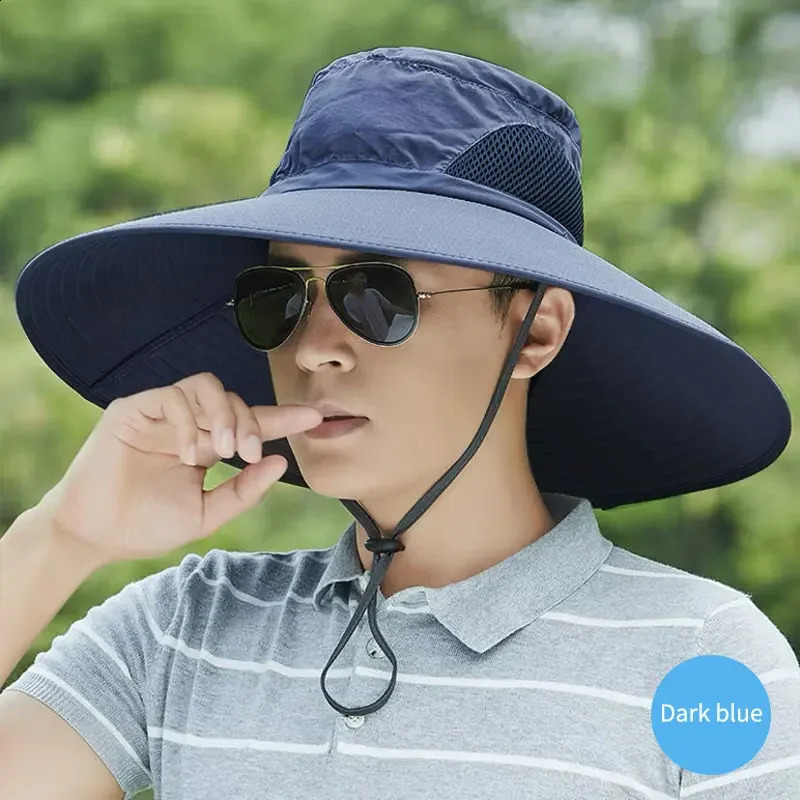 Summer 15CM Large Brim Sun Hat Men Women Breathable Fishing Caps UV Protection Mesh Fisherman Hiking Outdoor Beach Cap 250210