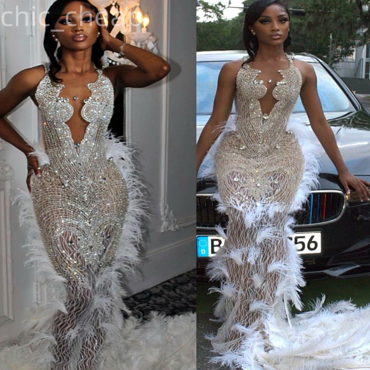 Ivory Mermaid Prom Dresses 2025 Feather Crystals See Through Evening Formal Party Second Birthday Engagement Gowns Plus Size Dress For Special Occasio