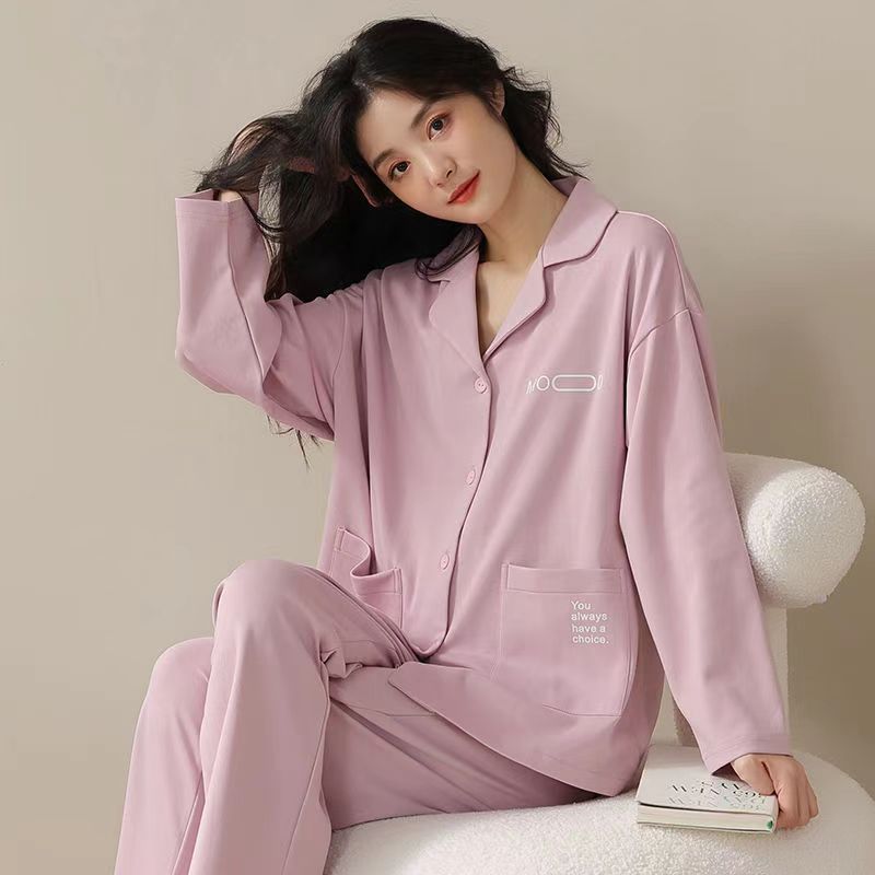 B708-Pajamas for women new pure cotton spring and autumn long sleeves can be worn outside large size home clothes color suit