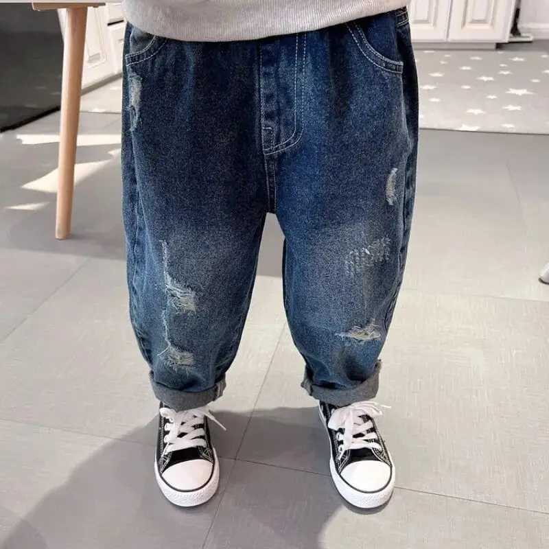 Kids Boys Jeans Spring and Autumn New 2023 Fashionable Broken Copper Childrens Baby Elastic Soft Pants Boys Trousers Z250220
