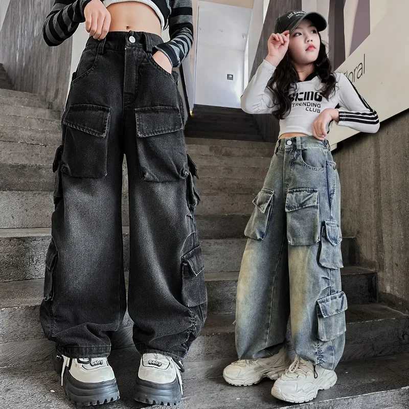 Girls Cargo Pants Autumn New Fashion Loose Teens Kids Wide Leg Jeans Casual All-match Big Pockets Design 10 12 14 Years Tousers Z250220