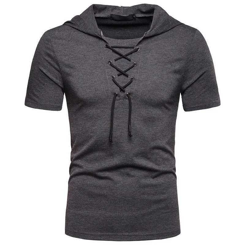 New European And American Mens Hooded Loose Tie Up Hip-hop Casual Short Sleeved T-shirt W250220