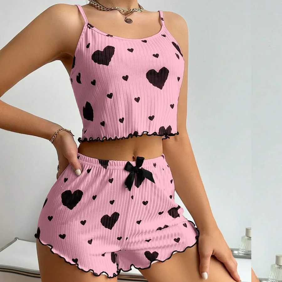 2 Pcs Womens Pajamas SetCasual Spwear Printed Shorts Tank Tops And Shorts White Ventilate Soft Casual Love Printing SuitsXJ250220