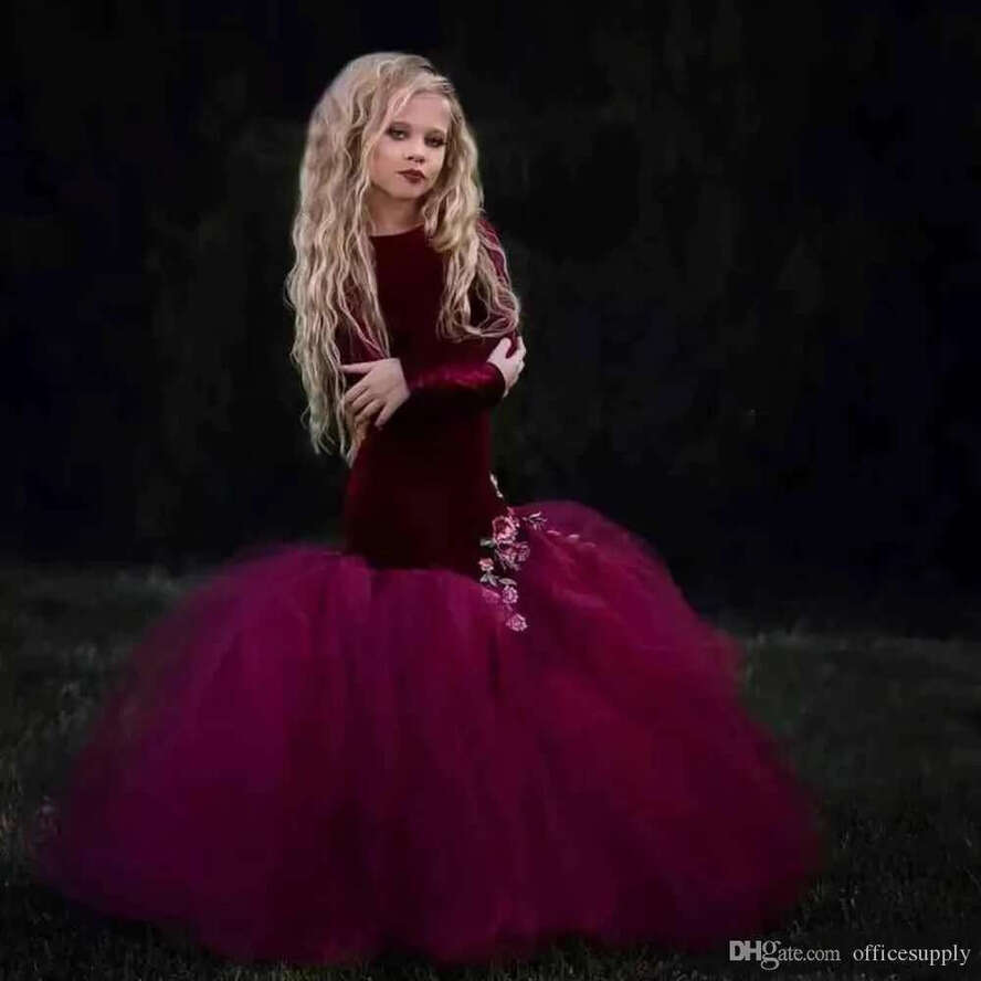 Bury Veet Mermaid Wer Girls Dresses Appliques Ribbon Ruffle Hand Made Kids Pageant Girl Formal Wear Long Sleeves Ba8582