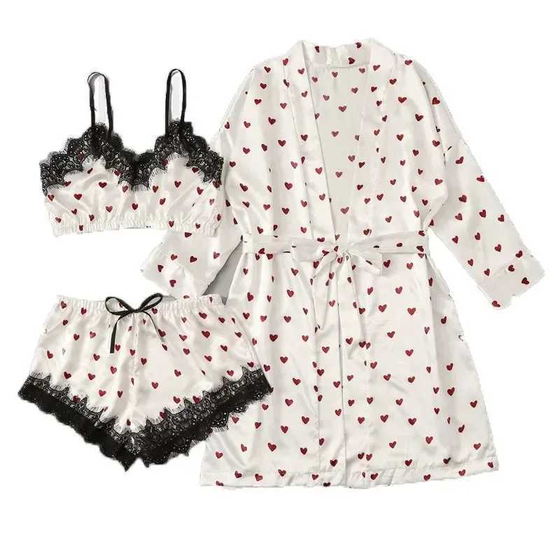Women 2PCS/3Pcs Satin Ice Silk Pajama Set Heart Print Lace Sping Skirt Seamless Sexy Lingerie Homewear Pajama Short SpwearXJ250220