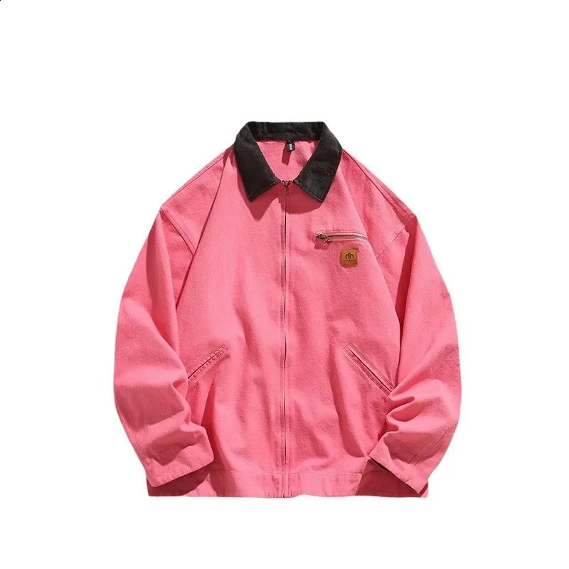 American style retro mens jacket autumn item solid color zipper pocket lapel work casual jacket trend 250221