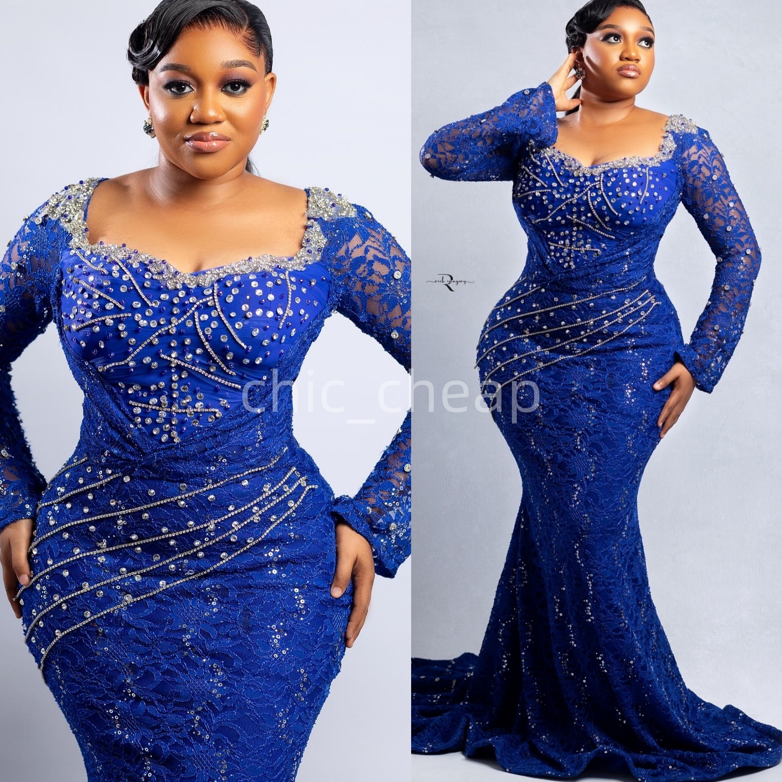 Royal Blue Mermaid Prom Dresses 2025 Lace Beaded Crystals Full Sleeves Evening Formal Party Second Birthday Engagement Gowns Plus Size Dress For Speci