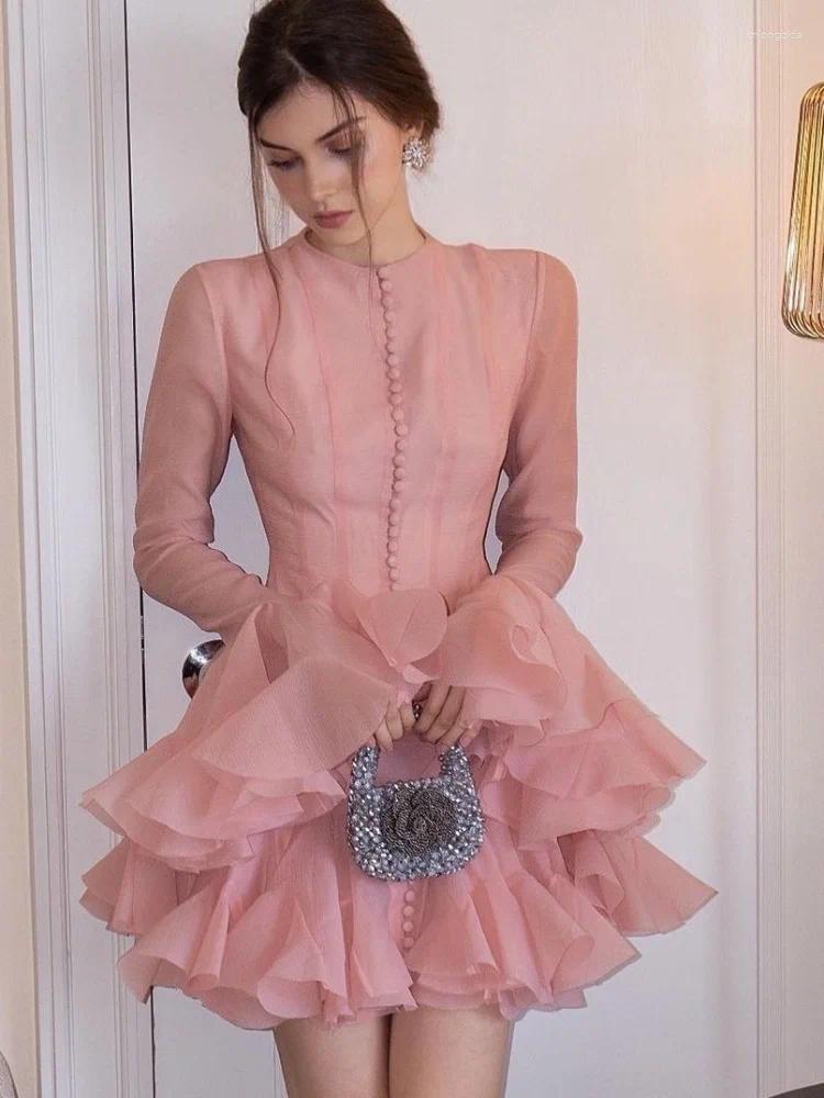 Casual Dresses Luxury O Neck Pink Ruffle Button Female Vestidos Fashion Long Sleeve High Waist Prom Spring Lady Short Evening Dress