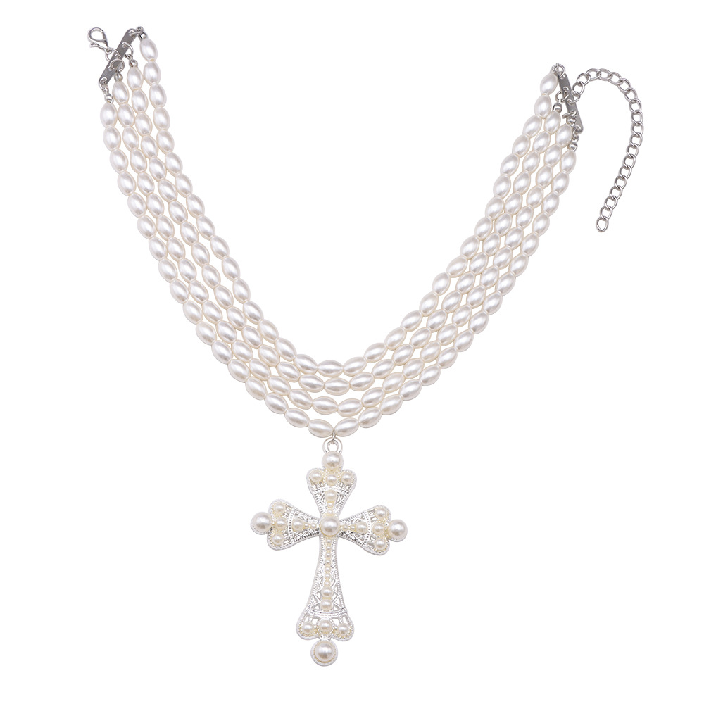 Cyberpunk style cross necklace fashion exaggerated micro-set imitation pearl layered necklace jewelry