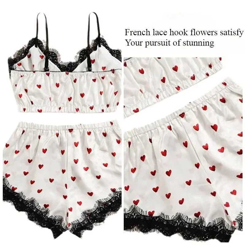 Women 2PCS/3Pcs Satin Ice Silk Pajama Set Heart Print Lace Sping Skirt Seamless Sexy Lingerie Homewear Pajama Short SpwearXJ250220