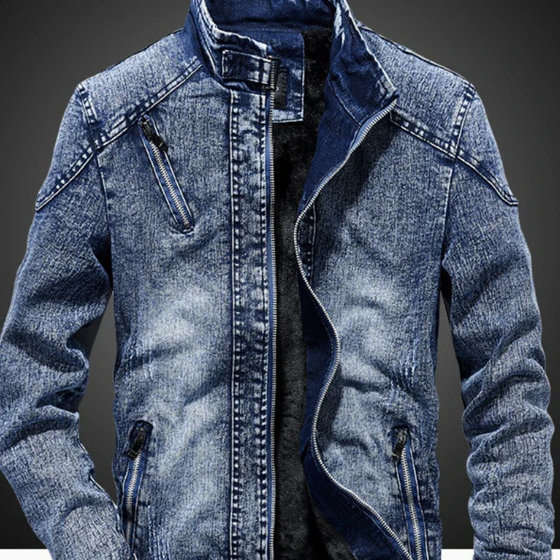 Vintage Mens Denim Jacket Solid Casual Jeans Coat Fashion Stand Clothes for Men Black Blue Bomber ZL179 250212