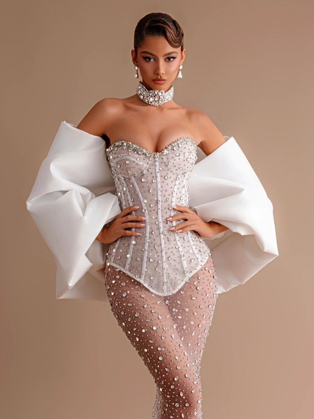Fashion Evening Dresses For Women Sweetheart Neck Gown Sequins Crystal Wrap See Through Customized Dress