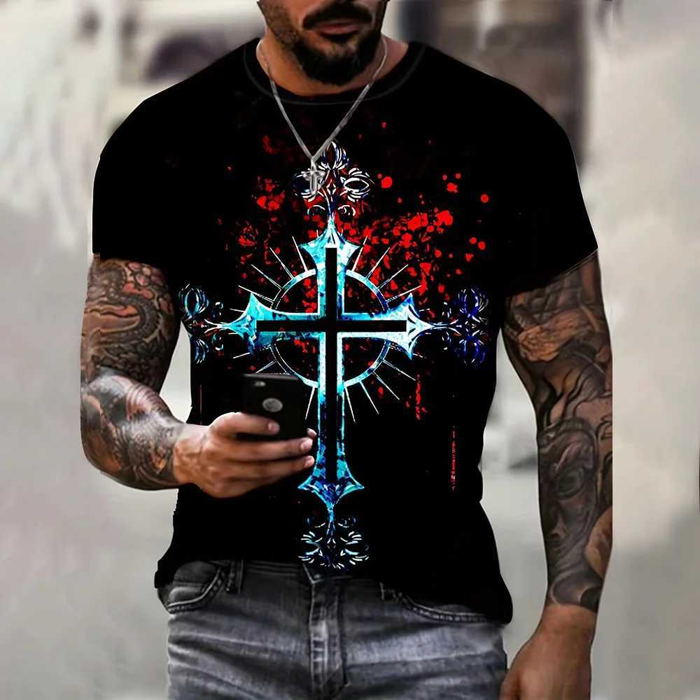 Camisetas de cuello redondo con estampado de Cruz de diseo de modaropa de hombre HipstermodaHip Ho W250220