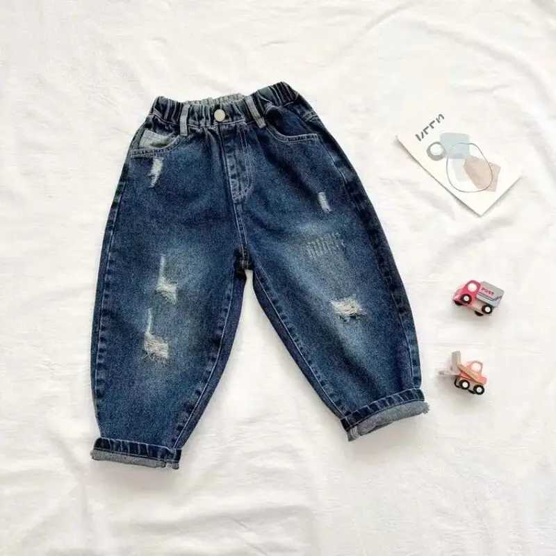 Kids Boys Jeans Spring and Autumn New 2023 Fashionable Broken Copper Childrens Baby Elastic Soft Pants Boys Trousers Z250220