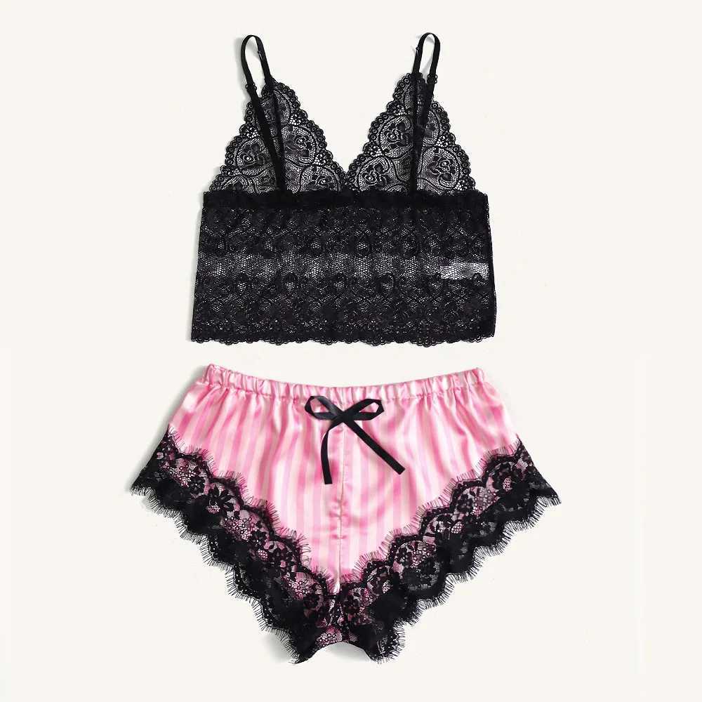 Women Sexy Lace Pajamas Set Silk Satin Spwear Summer V-neck Sveless Pijama Faux Silk Homewear Red Heart Print NightwearXJ250220