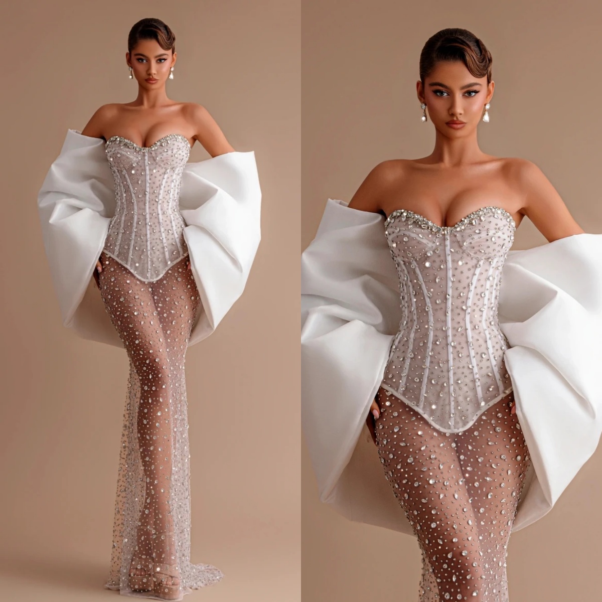Fashion Evening Dresses For Women Sweetheart Neck Gown Sequins Crystal Wrap See Through Customized Dress