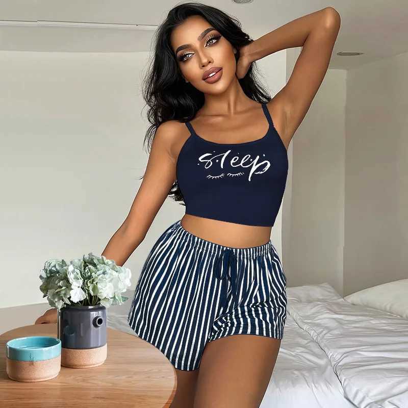 Letter Print Women Pajama Set Sveless Lettuce Trim Crop Top Elastic Waist Stripped Shorts 2 Pcs Fe Spwear NightwearXJ250220