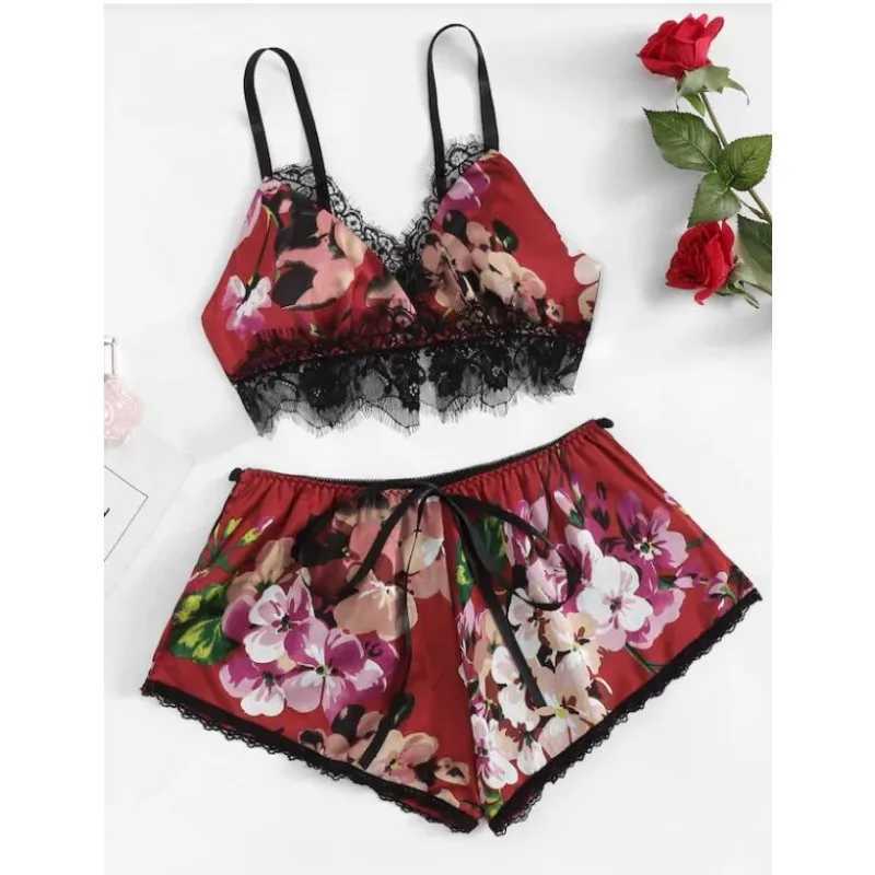2Pcs/set fancy ladies lingerie erotic plus size suspenders shorts dent sveless short-sved pajamas set womens clothingXJ250220