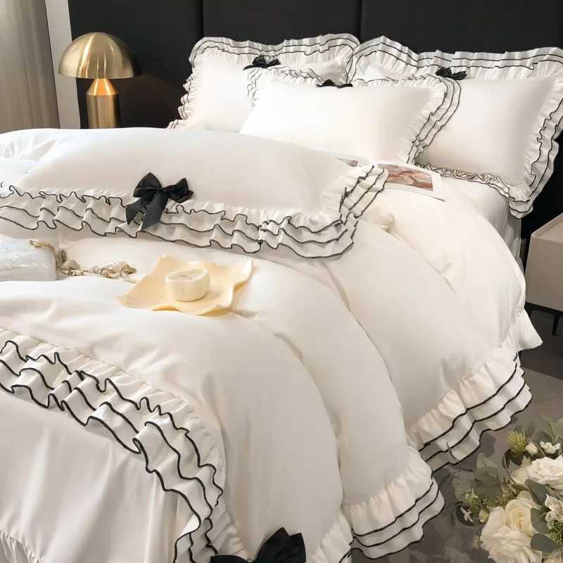 Chic Multi Layer Ruffle 3/4/6Pcs White Duvet Cover Set Soft Microfiber Girls Bedding with Cute Bow-Knots Bed Sheet PillowcasesXJ250220